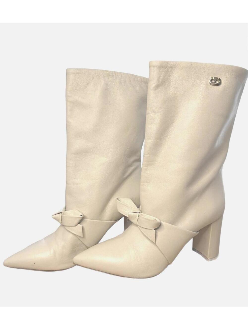 Dee Ocleppo Cream Leather Mid-Calf Boots – Pointed Toe Block Heel